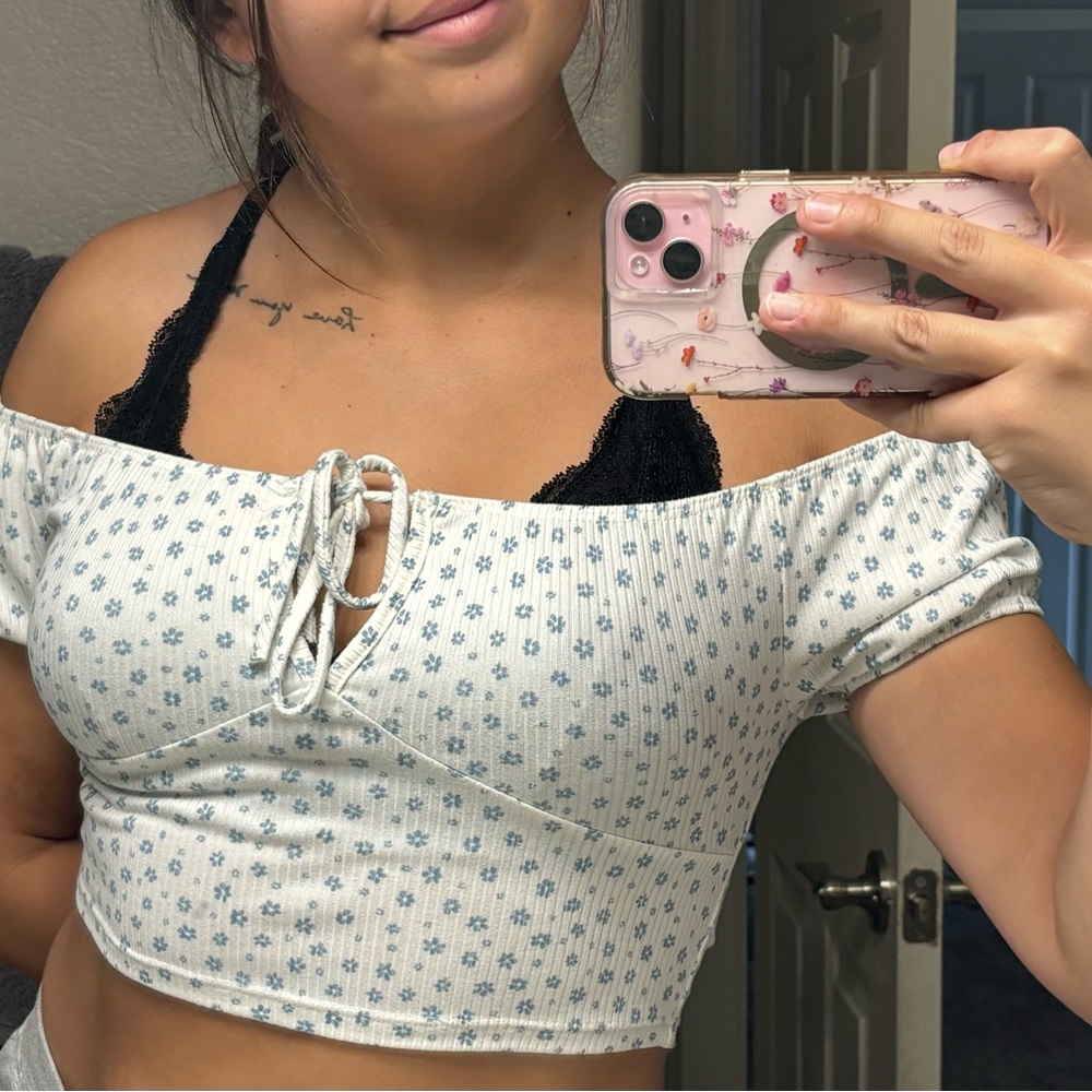 White and blue floral crop top